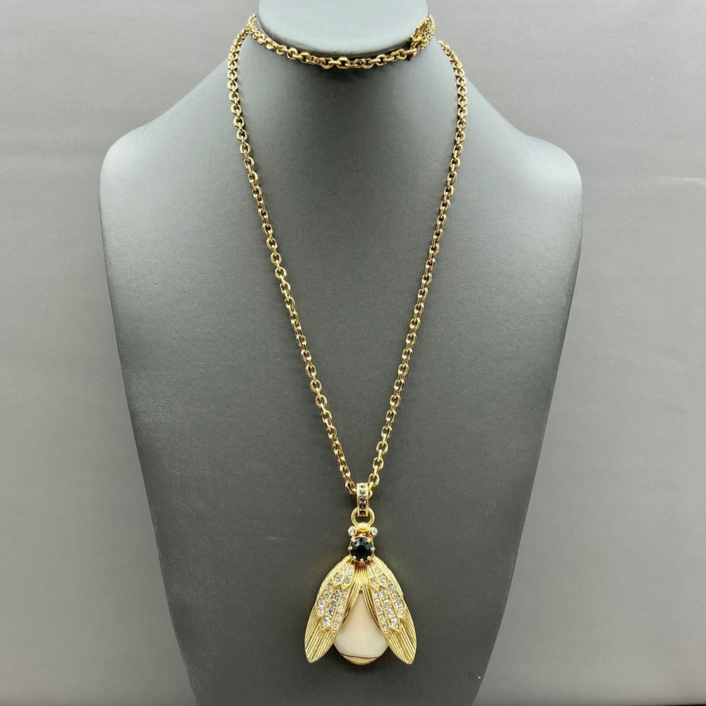 Ann Taylor Necklace Gold Bumble Bee Faux Pearl Green Rhinestone Pendant 34in